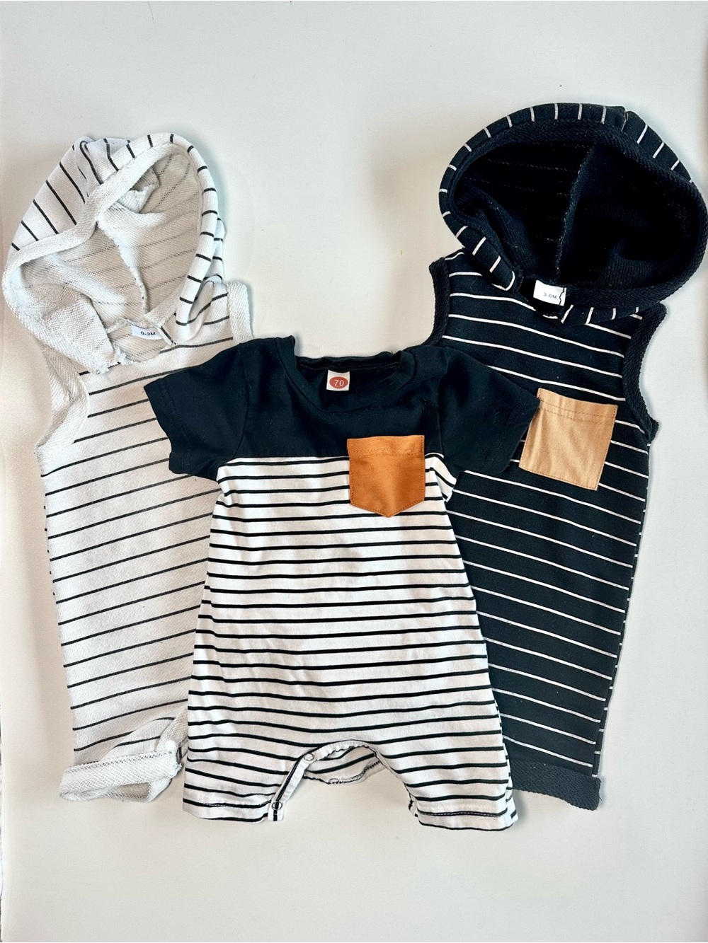Striped Short-Sleeve Hoodie Baby Rompers Tan Pocket - Black & White -3 Pack - Picture 1 of 11